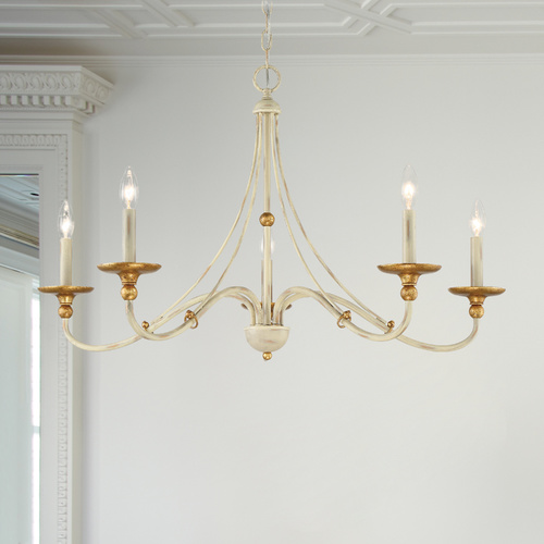 Westchester County Farm House White with Gilded Gold Leaf Chandelier by Minka Lavery