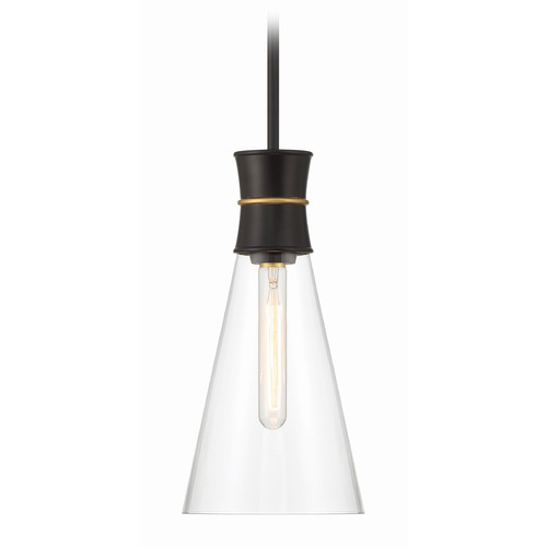 Crystorama Lighting Quinn Matte Black, Textured Gold Mini-Pendant Light with Conical Shade