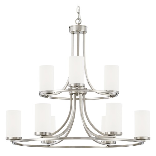 White Glass Chandelier Satin Nickel 9-Lt
