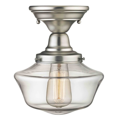 8-Inch Schoolhouse Semi-Flush Ceiling Light Satin Nickel Clear Glass