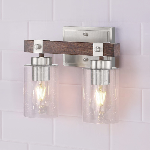 Arabel Brushed Nickel & Nutmeg Wood Bathroom Light by Nuvo Lighting