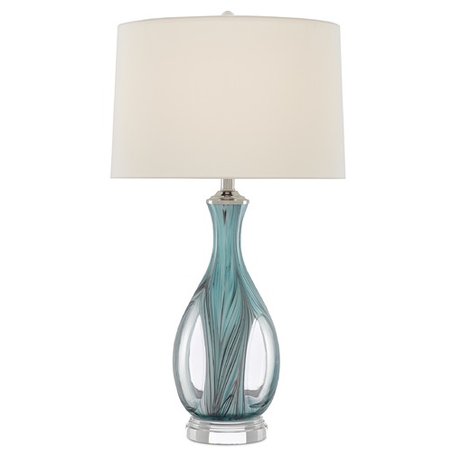 Currey and Company Lighting Currey and Company Eudoxia Blue / Clear / Polished Nickel Table Lamp with Drum Shade 6000-0520