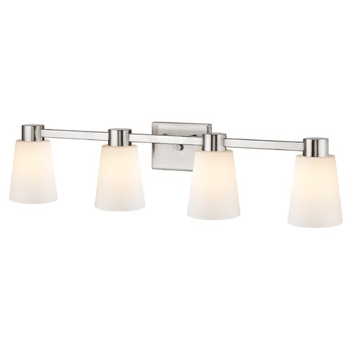 4-Light White Glass Bathroom Vanity Light Satin Nickel