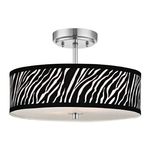 Chrome Ceiling Light with Zebra Print Drum Shade - 16 Inches Wide