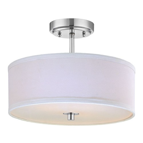 Modern Chrome Ceiling Light with White Drum Shade - 14 Inches Wide