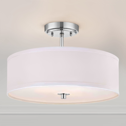 Chrome Semi-Flush Light with White Drum Shade - 16 Inches Wide