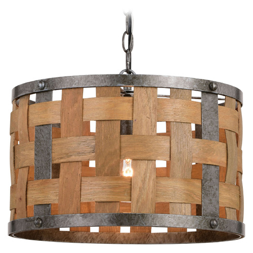 Vaxcel Lighting Norwood Vintage Steel & Distressed Wood Pendant Light with Drum Shade