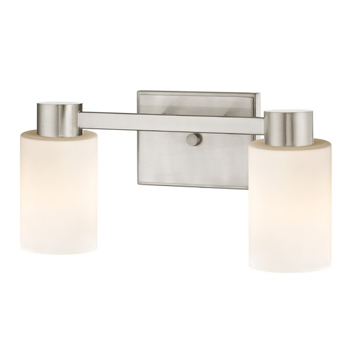 2-Light Shiny White Glass Bathroom Vanity Light Satin Nickel