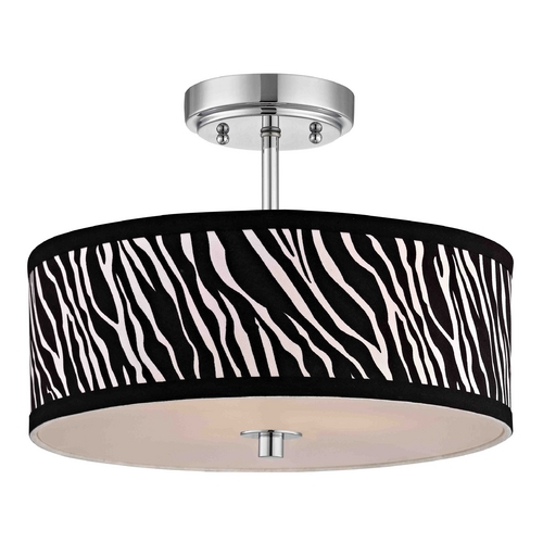 Chrome Ceiling Light with Zebra Print Drum Shade - 14 Inches Wide