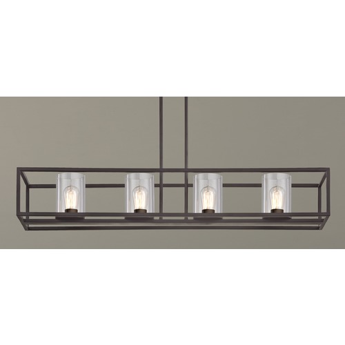 Industrial 4-Light Linear Chandelier with Clear Glass in Bronze