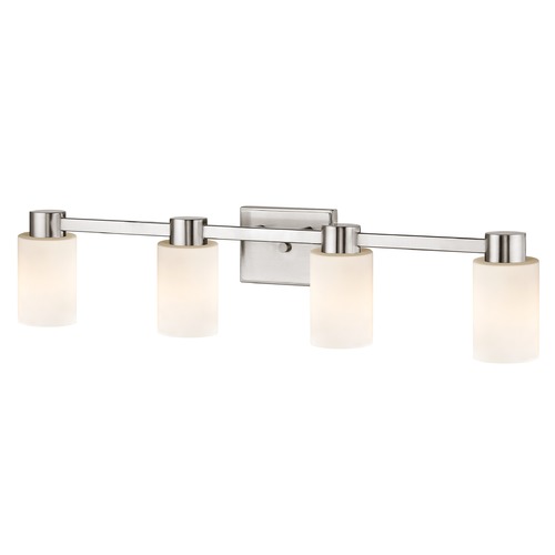 4-Light Shiny White Glass Bathroom Vanity Light Satin Nickel