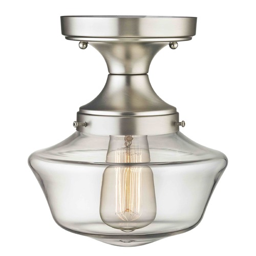 8-Inch Schoolhouse Semi-Flush Ceiling Light Clear Glass Satin Nickel