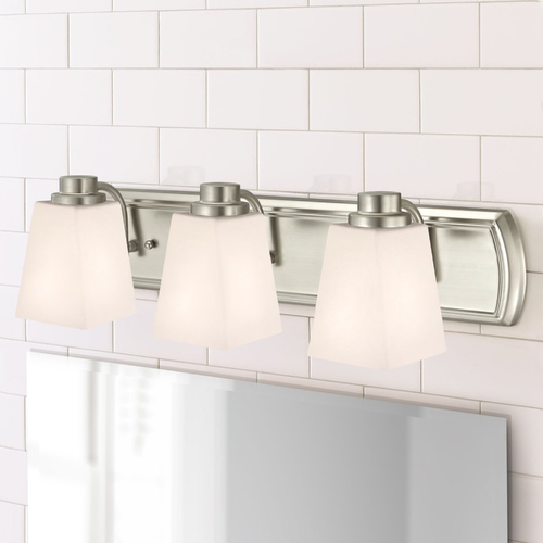 Design Classics Lighting Legacy 3-Light Bathroom Light with Square Bell Shades in Satin Nickel 1203-09 GL1057