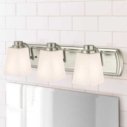 Legacy 3-Light Bathroom Light with Square Bell Shades in Satin Nickel