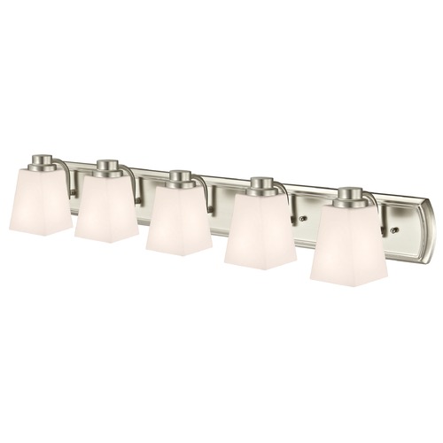 5-Light Bath Bar in Satin Nickel and Square White Glass