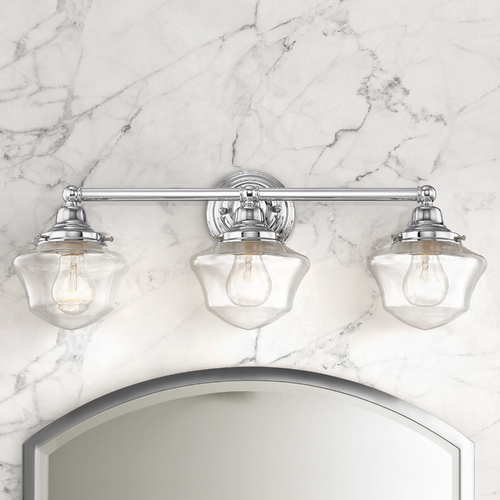 Design Classics Lighting Clear Glass Schoolhouse Bathroom Light Chrome 3 Light 23.125 Inch Length WC3-26 GC6-CL