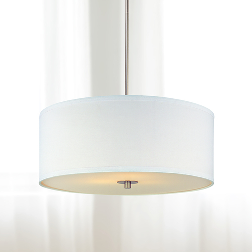 Modern Drum Pendant Light with White Shade in Satin Nickel Finish