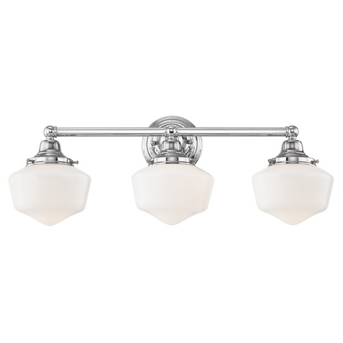 Schoolhouse Bathroom Light Chrome White Opal Glass 3 Light 23.125 Inch Length