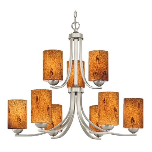 Modern Chandelier with Brown Art Glass in Satin Nickel Finish