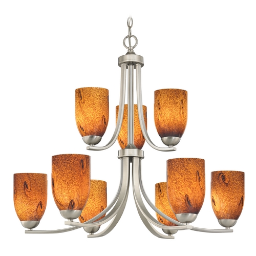 Modern Chandelier with Brown Art Glass in Satin Nickel Finish