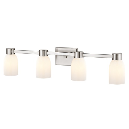 4-Light Shiny White Glass Bathroom Vanity Light Satin Nickel