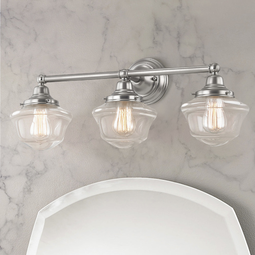Clear Glass 3 Light Schoolhouse Style Bathroom Light in Satin Nickel
