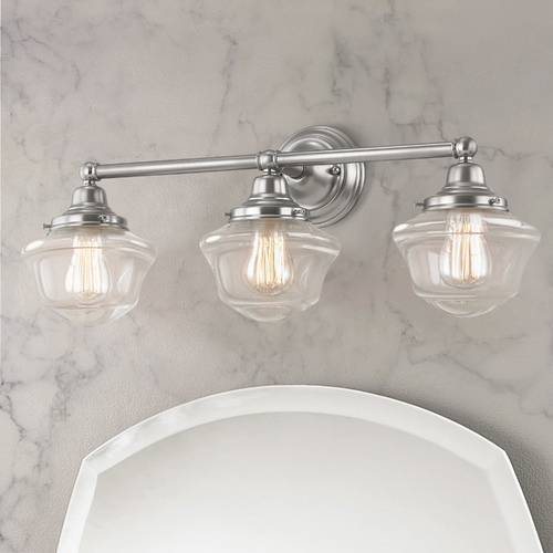 Design Classics Lighting Clear Glass 3 Light Schoolhouse Style Bathroom Light in Satin Nickel WC3-09 GC6-CL