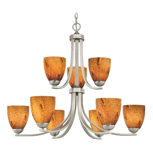 Modern Chandelier with Brown Art Glass in Satin Nickel Finish