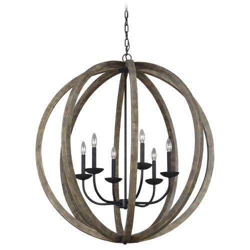 Allier Weathered Oak Wood & Antique Forged Iron Pendant by Visual Comfort Studio