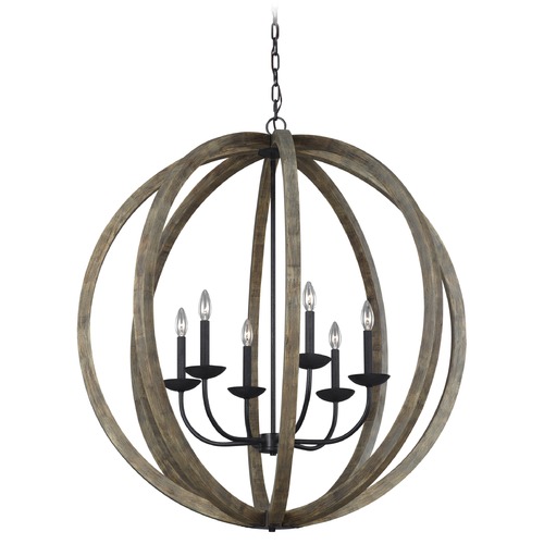 Visual Comfort Studio Collection Allier Weathered Oak Wood & Antique Forged Iron Pendant by Visual Comfort Studio F3186/6WOW/AF