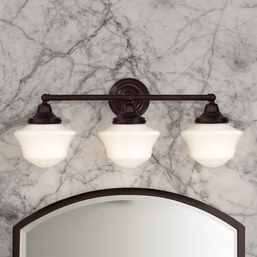 Schoolhouse Bathroom Light in Bronze with White Opal Glass