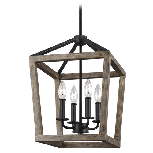 Visual Comfort Studio Collection Gannet Weathered Oak Wood & Antique Forged Iron Pendant by Visual Comfort Studio F3190/4WOW/AF