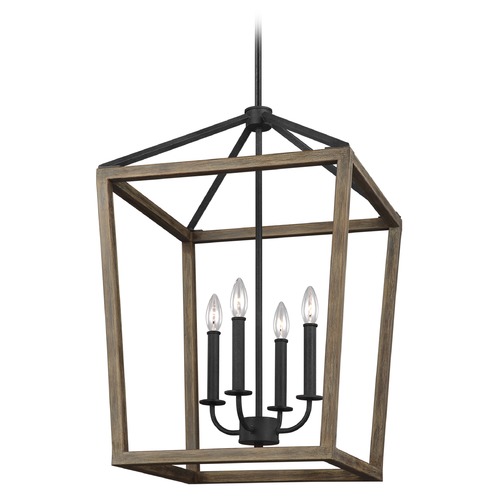 Visual Comfort Studio Collection Gannet Weathered Oak Wood & Antique Forged Iron Pendant by Visual Comfort Studio F3191/4WOW/AF