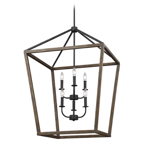 Gannet Weathered Oak Wood & Antique Forged Iron Pendant by Visual Comfort Studio