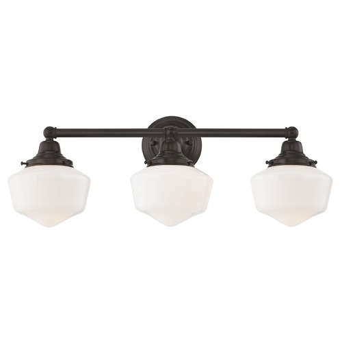 Schoolhouse Bathroom Light Bronze White Opal Glass 3 Light 23.125 Inch Length