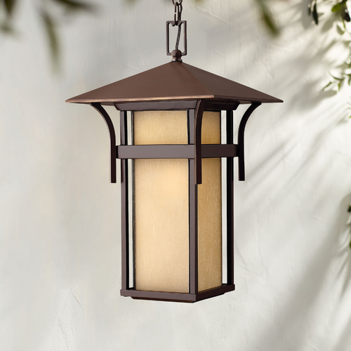 Hinkley Etched Amber Seeded Glass LED Outdoor Hanging Light Bronze Hinkley 2572AR-LED