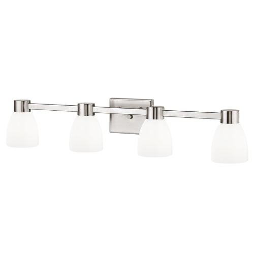 4-Light Shiny White Glass Bathroom Vanity Light Satin Nickel