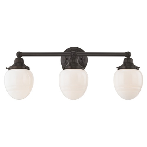 Schoolhouse Bathroom Light Bronze White Opal Glass 3 Light 21.875 Inch Length