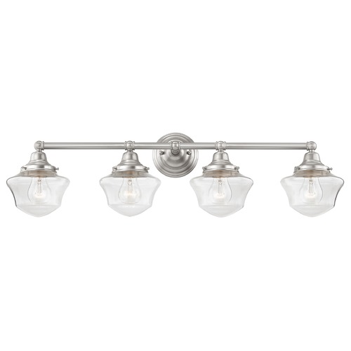 Design Classics Lighting Clear Glass Schoolhouse Bathroom Light Satin Nickel 4 Light 31.625 Inch Length WC4-09 GC6-CL