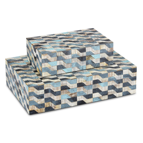 Currey and Company Ezra Blue & Natural Bone & Linen Box