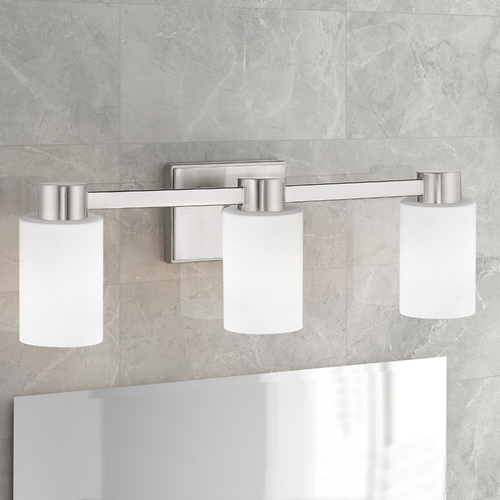 3-Light White Glass Bathroom Vanity Light Satin Nickel