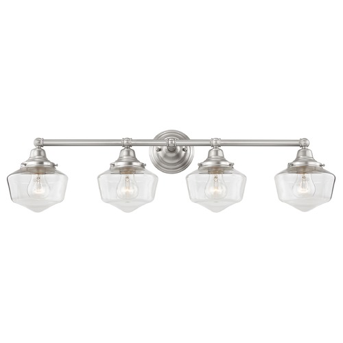 Design Classics Lighting Clear Glass Schoolhouse Bathroom Light Satin Nickel 4 Light 31.625 Inch Length WC4-09 GF6-CL