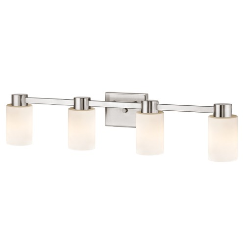 4-Light White Glass Bathroom Vanity Light Satin Nickel