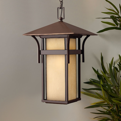 Hinkley Etched Amber Seeded Glass Outdoor Pendant Light Bronze Hinkley 2572AR