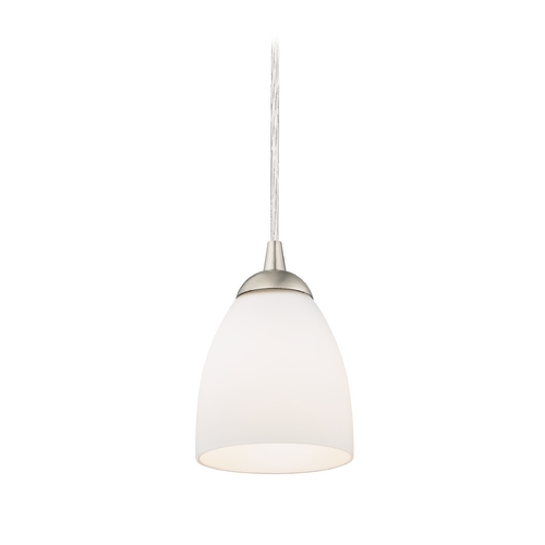 Mini-Pendant Light with White Bell Glass in Satin Nickel Finish