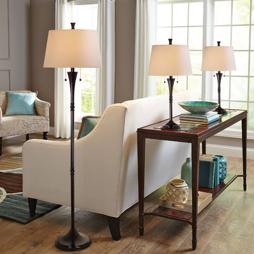 Kenroy Home Lighting Table and Floor Lamp Set with White Shades in Oil Rubbed Bronze Finish 30843ORB