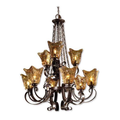 Uttermost Lighting Uttermost 2-Tier 9-Light Chandelier with Amber Glass in Oil Rubbed Bronze 21005