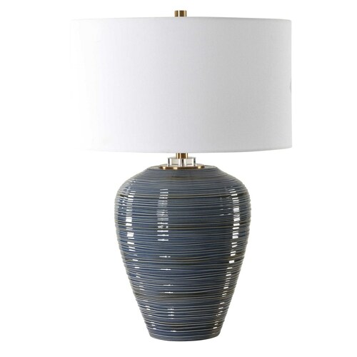 The Uttermost Company Moher Glossy Blue & Brass Table Lamp with Drum Shade