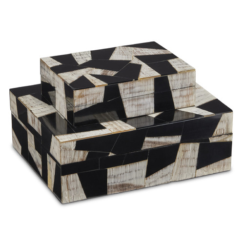 Currey and Company Aimee Kurzner Bindu Natural Chiseled Horn & Black & Linen Box