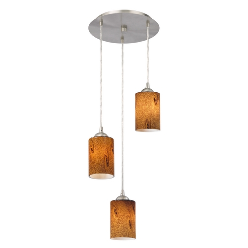 Modern Multi-Light Pendant Light with Brown Art Glass and 3-Lights